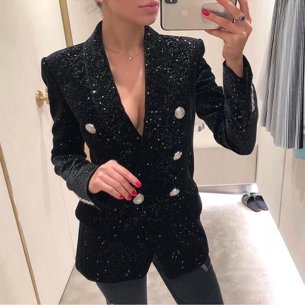 

Spot Hot 2024 Spring And Autumn New Women's Suit Starry Sky Sequins Silver Buckle Waist Velvet Blazer