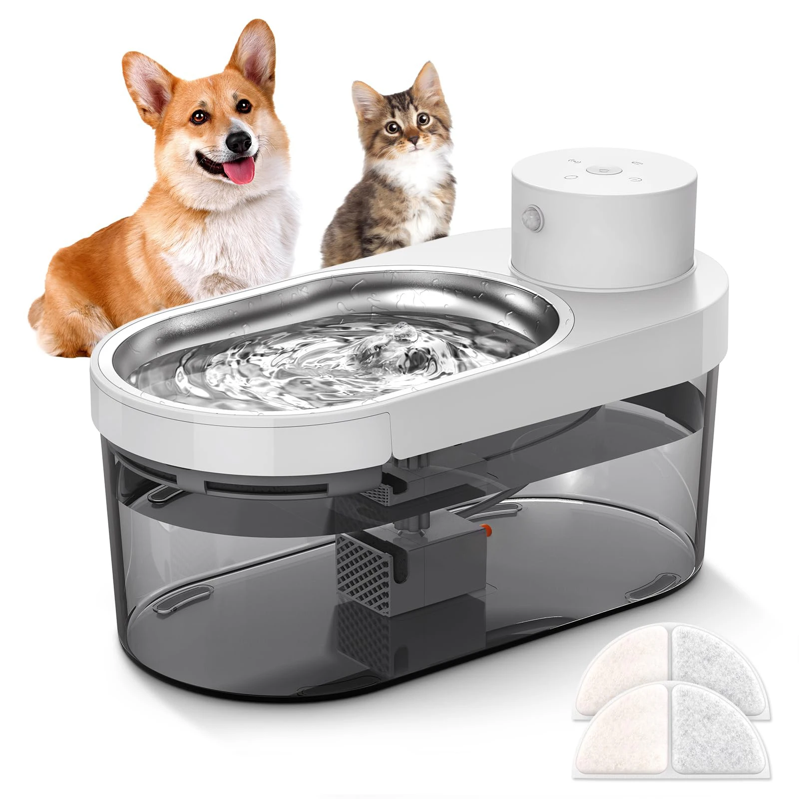 Wireless Cat Water Fountain Battery Operated Quiet Pump with LED Inside Stainless Steel with 3 Work Modes Sensor for Cat Dog