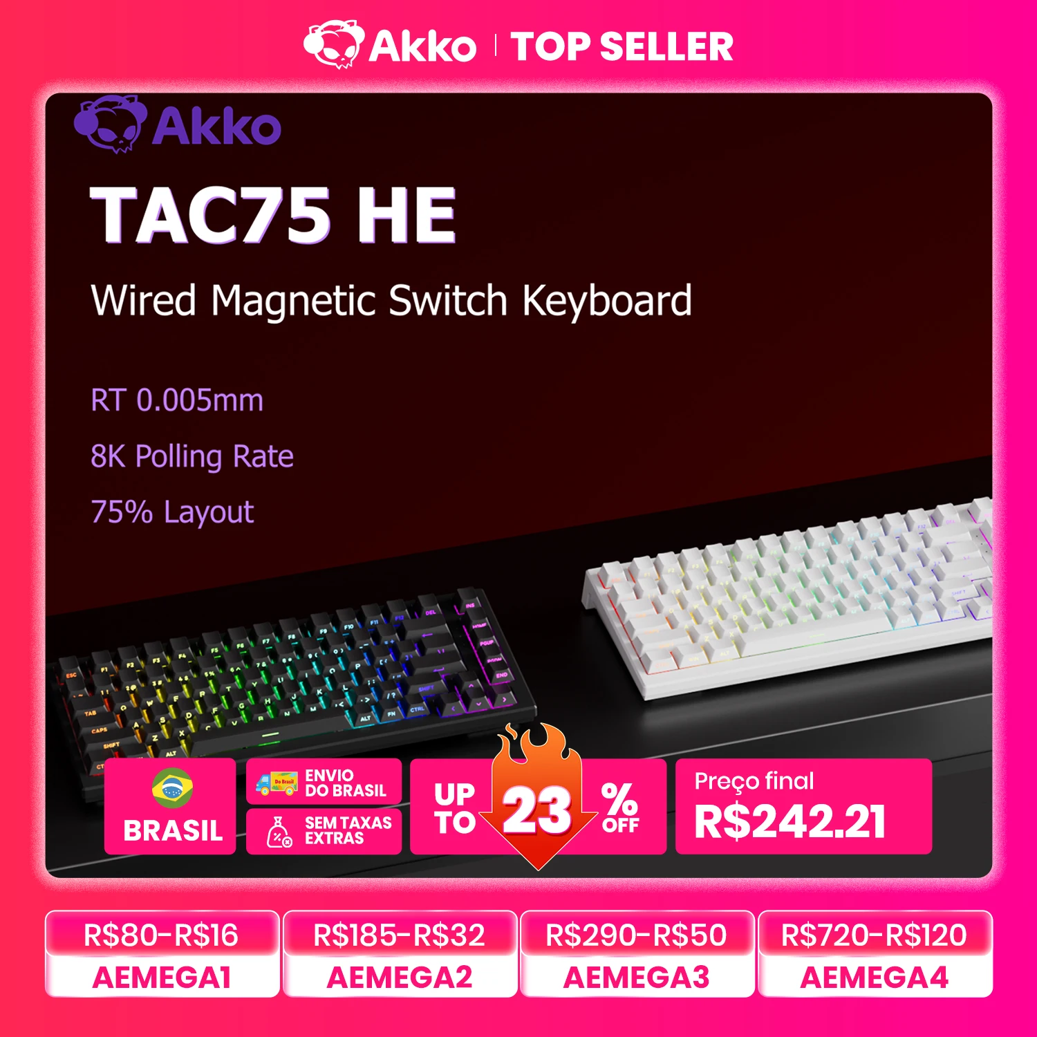 Teclado Magnético Akko TAC75 HE 75% com Gatilho Rápido de 0,005mm, RGB, Taxa de Polling de 8K, Teclado Mecânico com Fio para Jogos Esportivos para Gamers