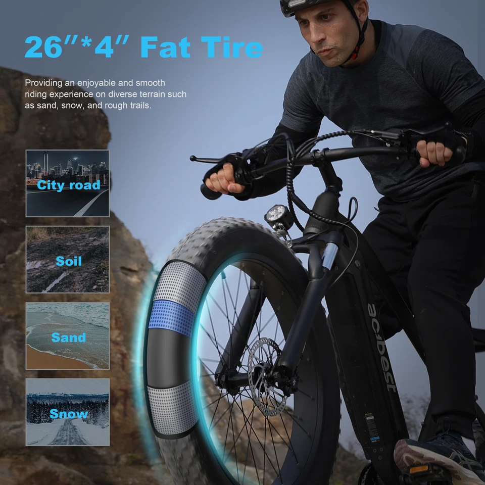 ActBest Ranger Electric Bike for Adults, 26"×4.0" Fat Tire Electric Mountain Bike, Peak 1300W 48V 13Ah,  28MPH 65 Miles  Electric Bicycle, 7-Speed, with Free Bike Lock & Mirror image 6