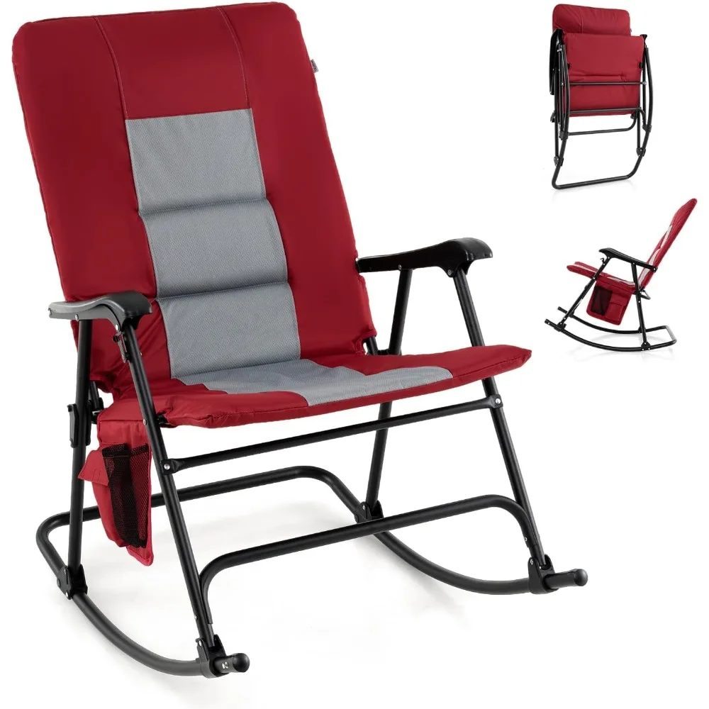 

Oversized Folding Rocking Chair, Padded Patio Lounge Rocker w/Metal Frame, Armrests, Side Pocket, Lightweight Portable