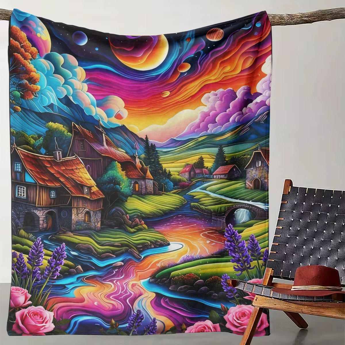 

1 Colorful Fantasy Village Planet Cross Border Blanket Fairy Tale Style Dreamy Home Warm Blanket