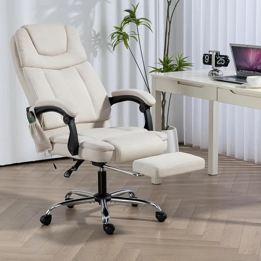 Massage Office Chair With Footrest, Ergonomic Adjustable Reclining Executive Home Desk Chair W/ 6 Vibration Points & Heat,