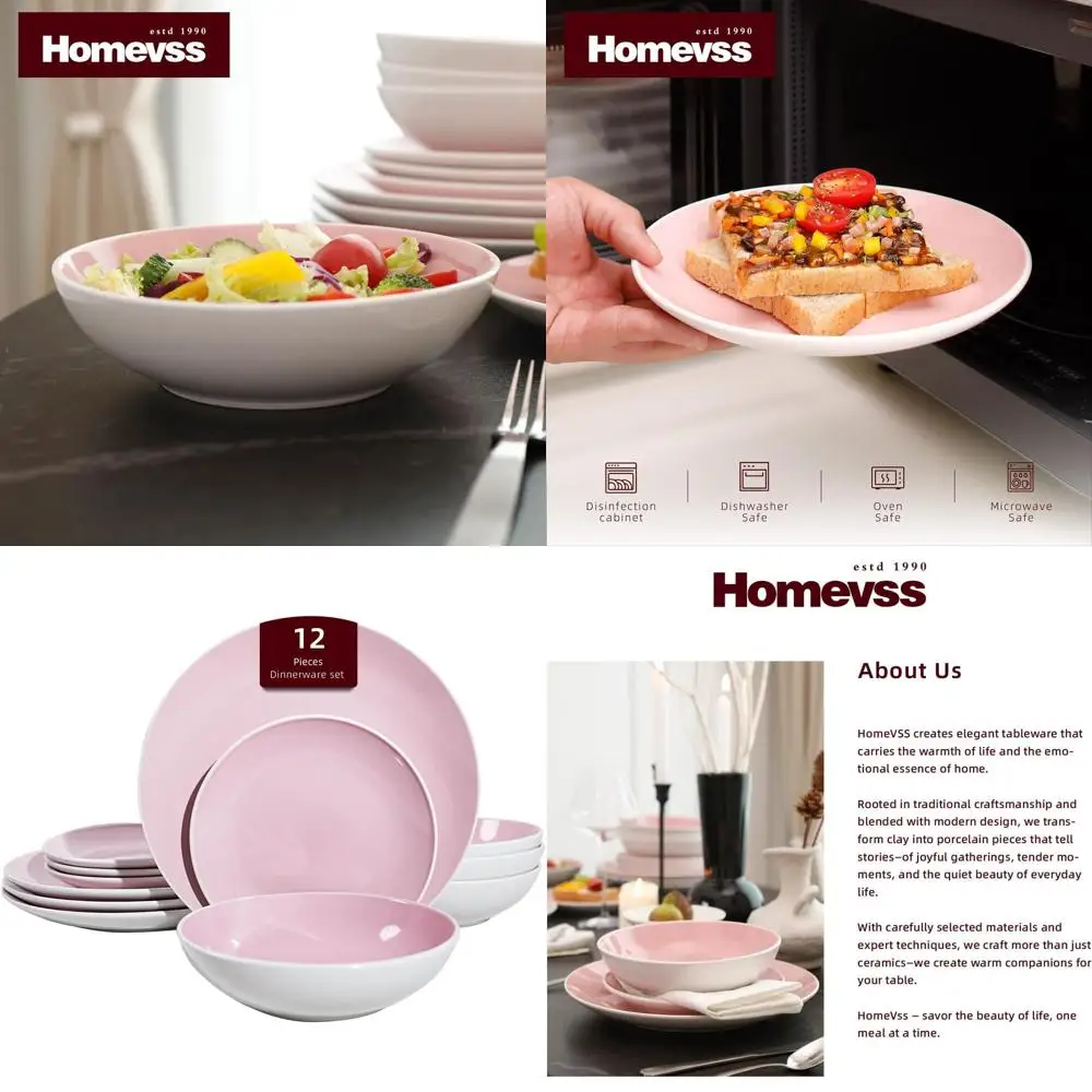 Juego de Vajilla de Gres de 12 Piezas, Exterior Blanco con Interior Rosa