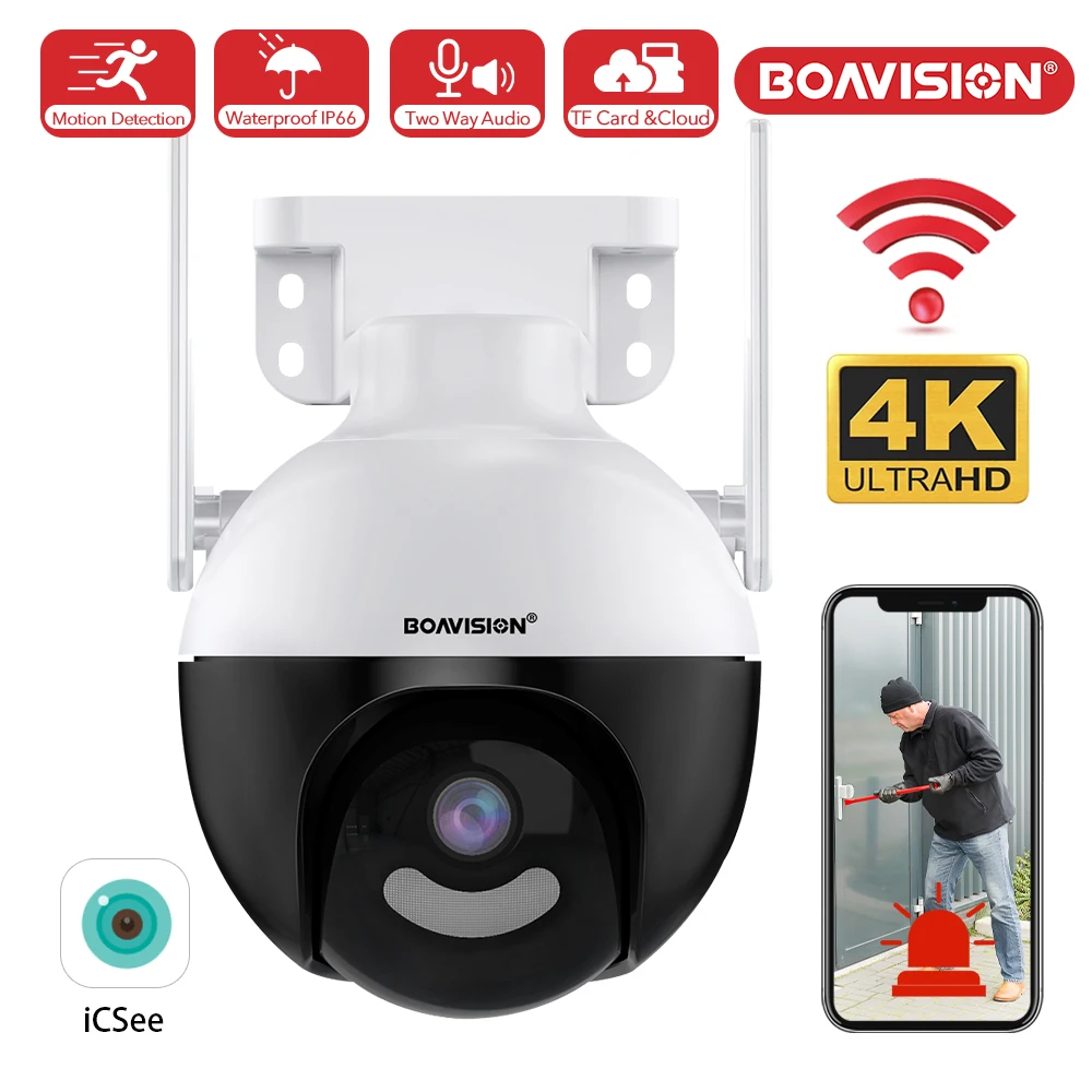 BOAVISION Outdoor WIFI Camera PTZ HD 8MP 4K AI Human Detection Two Way Audio Color Night Vision 4MP Video Surveillance Cameras