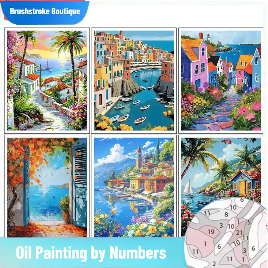 

Brushstroke Boutique Painting by Number Kits Mediterranean Coastal Village Sunset Art Landscape DIY Oil Painting Artcraft Handpa