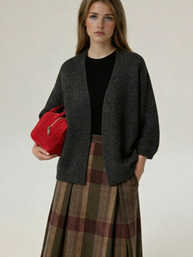 

Cozy Open-front Glitter-knit Cardigan Oversized Batwing-sleeve Loose-fit Sweater 2026 Fashion Lady Winter Wears New Tops