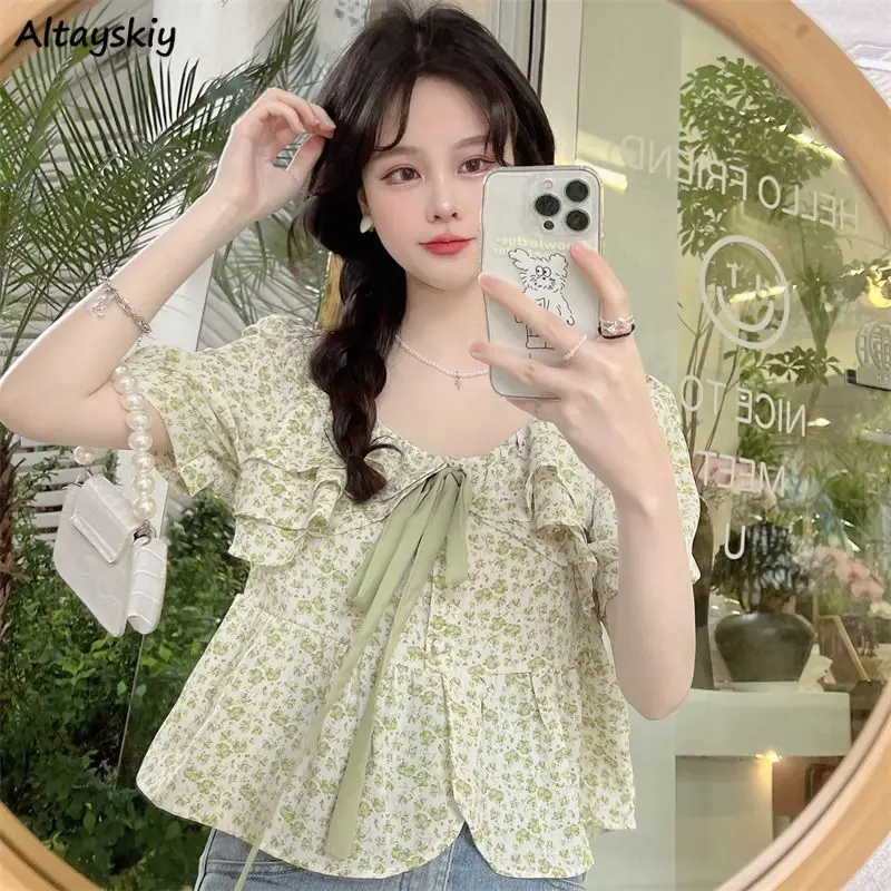 Puff Sleeve Blouses Women Cropped Floral Bandage Prairie Chic Retro Kawaii Girlish Holiday Tender Princess Summer New French Ins