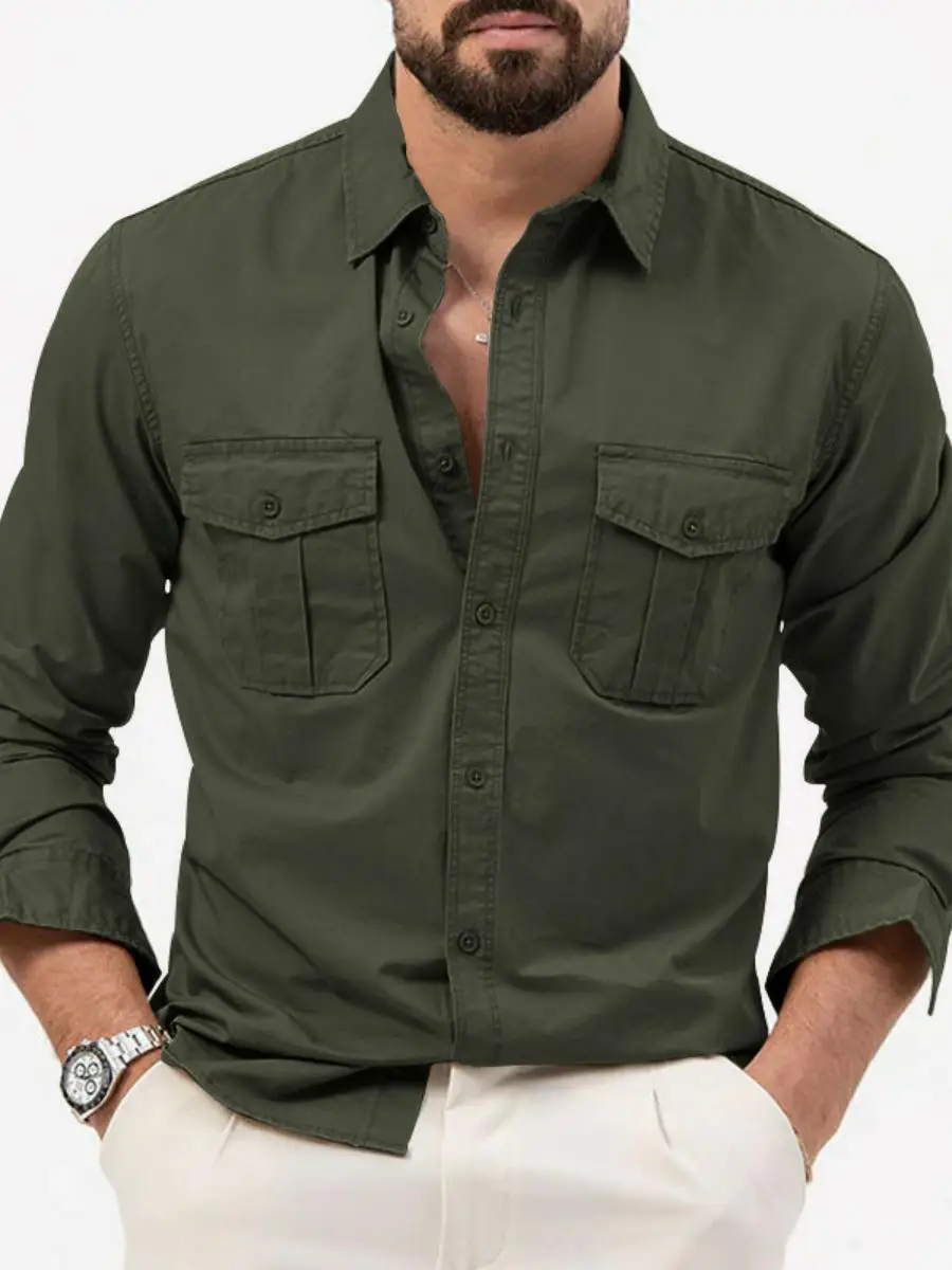 Autumn plus Size Long Swedish Shirt Men's Pocket Lapel Thickened Fleece Collar Pure Color Special Wide Fit Men's Shirt view 4