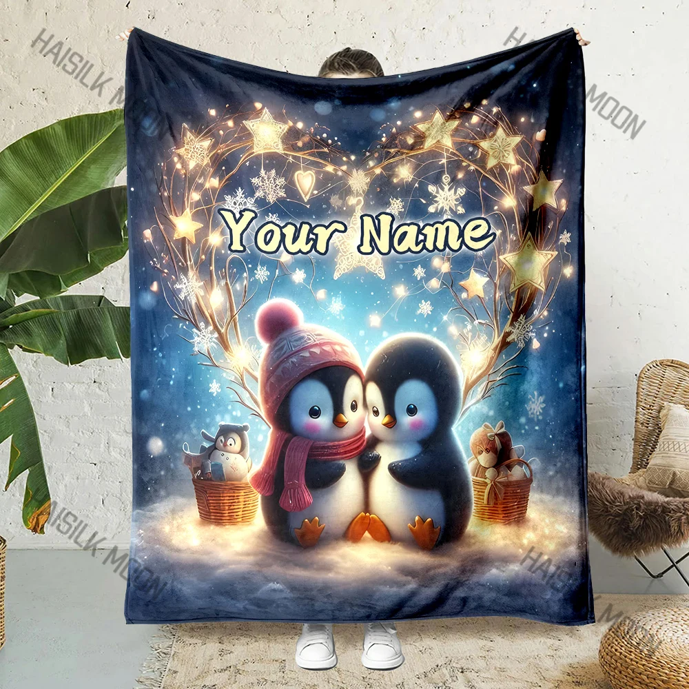 

A Pair of Cute Little Penguins Printed Blanket Custom Name Sofa Office Shawl Blanket Multi-Size Optional Super Soft Fluffy Gift