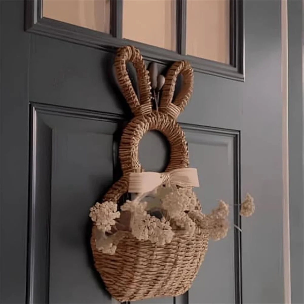 A03R Bunny Basket Hanging Wall Pocket Spring Decor, Hand Woven Wicker Easter Bunny Basket Wall Pocket,for Decorations
