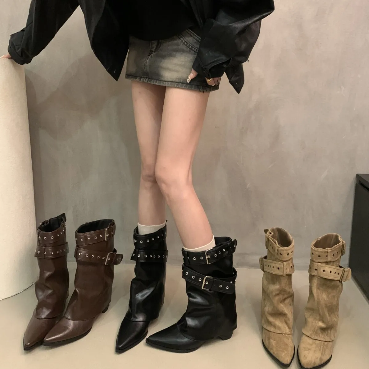 

Women Ankle Boots 2025 Autumn Winter New Women's Western Cowboy Boots Black High Insole Pointed Toe Wide Calf Ankle Boots