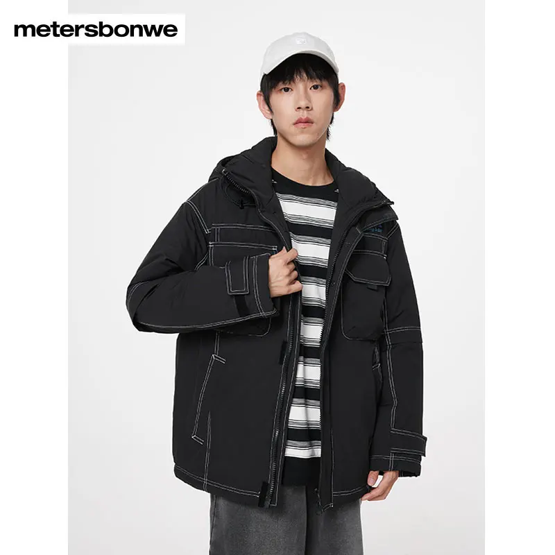 

Metersbonwe Woven Jacket Men Winter New loose Coat Hooded Workwear Long Thick Silver Grey Outdoors Top Brand