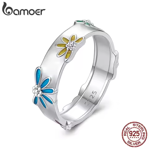 BAMOER Solid 925 Sterling Silver Colorful Daisy Band Ring, White Gold Plated Stacking Statement Ring for Women Jewelry Gifts