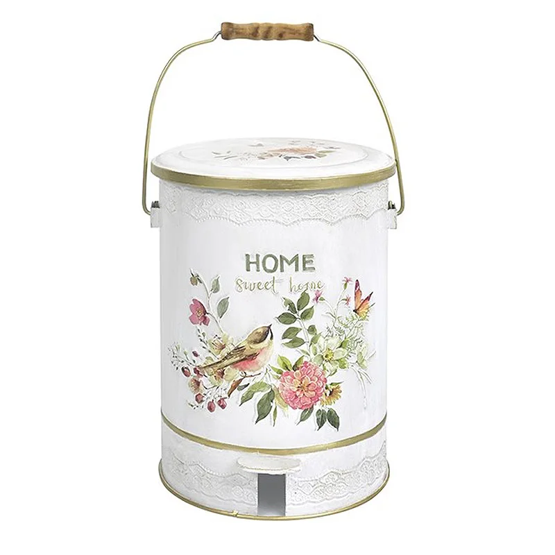 

Vintage Floral Metal Trash Can with Lid, White Home Sweet Home Design, 8.0L Capacity, Decorative Storage Container with Handle