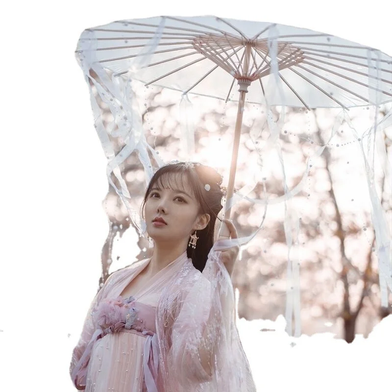 Ancient Wind Decorative Umbrella Windproof Han Costume Tassel Show Fairy Props Net Red Ribbon Dance Parasol Umberlla Sun Shade