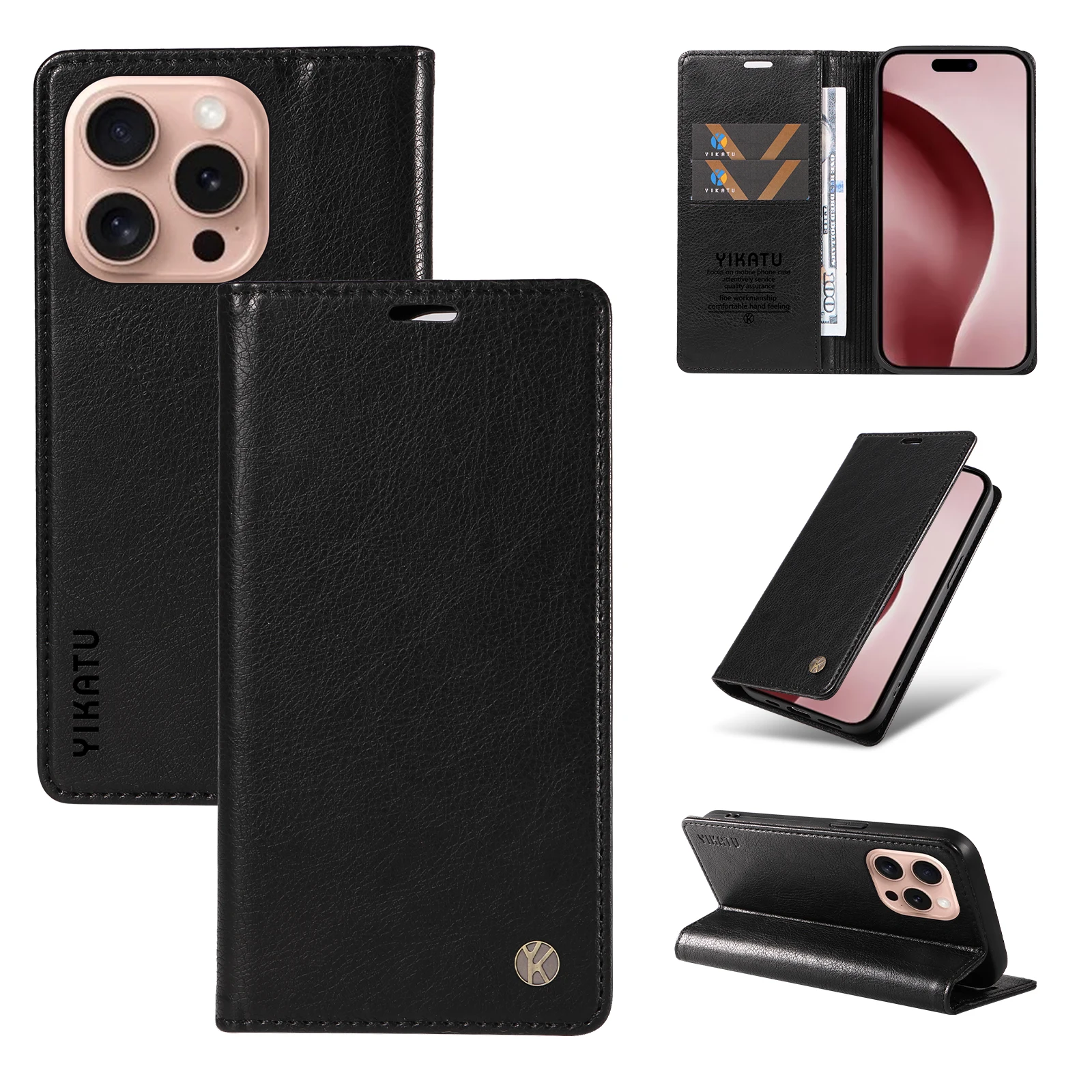 

YIKAYU Mobile Leather Pocket Cover Skin Stand Card Holder Wallet Phone Case For iPhone X XS XR 11 12 13 14 15 Plus 16 Pro Max