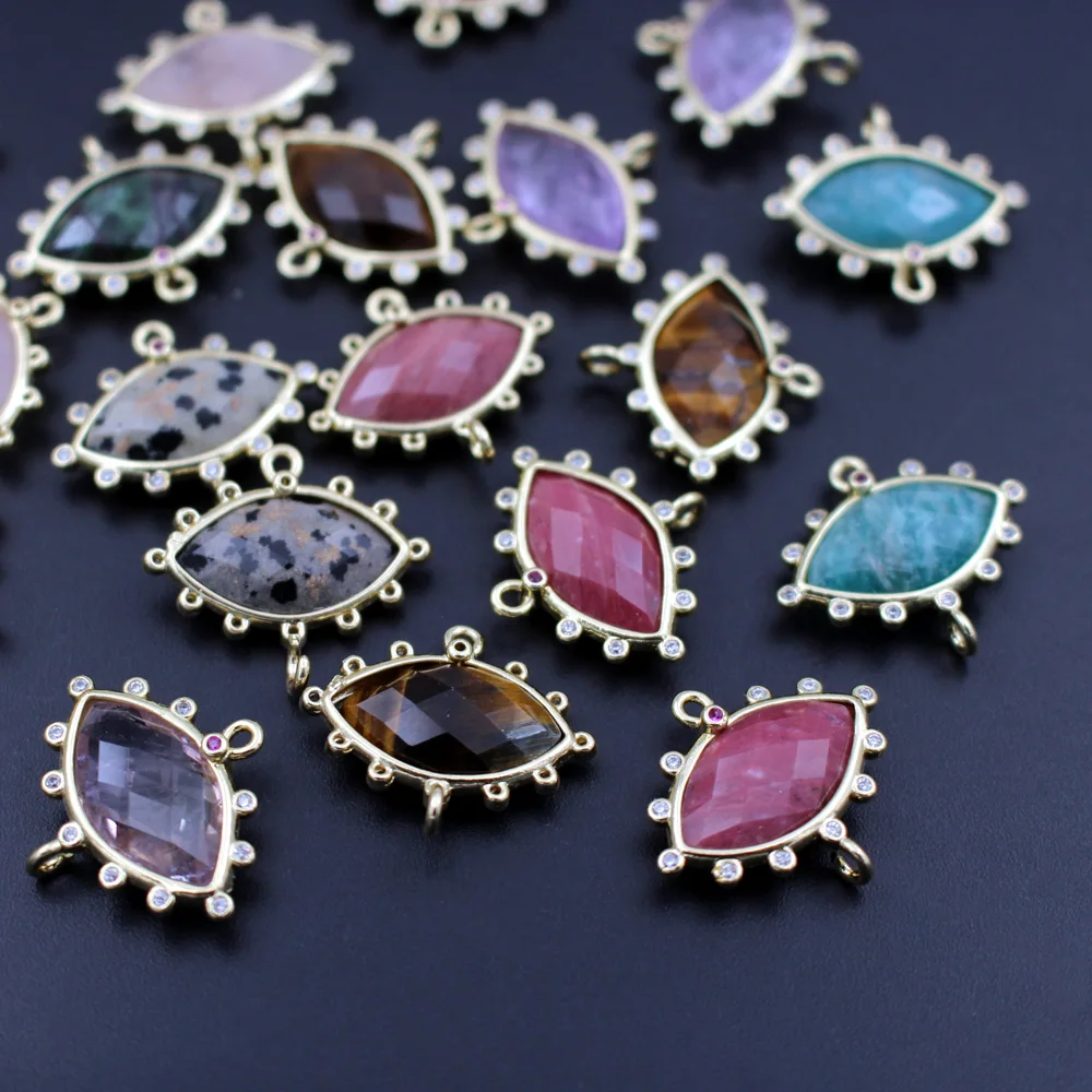 10pcs Faceted Marquise Shape Natural Rose Quartz Blue Amazonite Stone CZ Charms Double Hole Connectors Pendant DIY Crafts