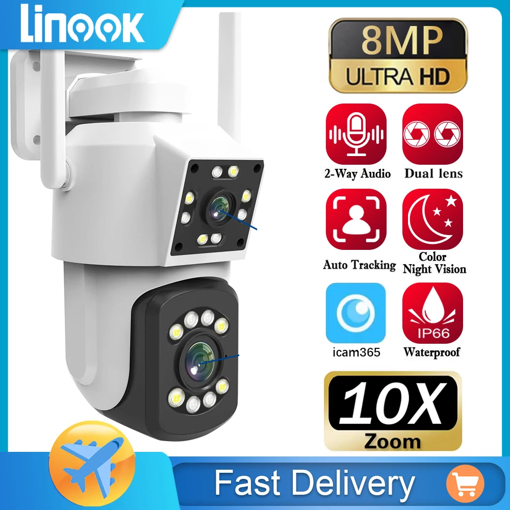 Linook, CCTV WIFI camera, outdoor surveillance camera, 4K, 8MP, 10x zoom, pan tilt, IP security camera, two-way communication