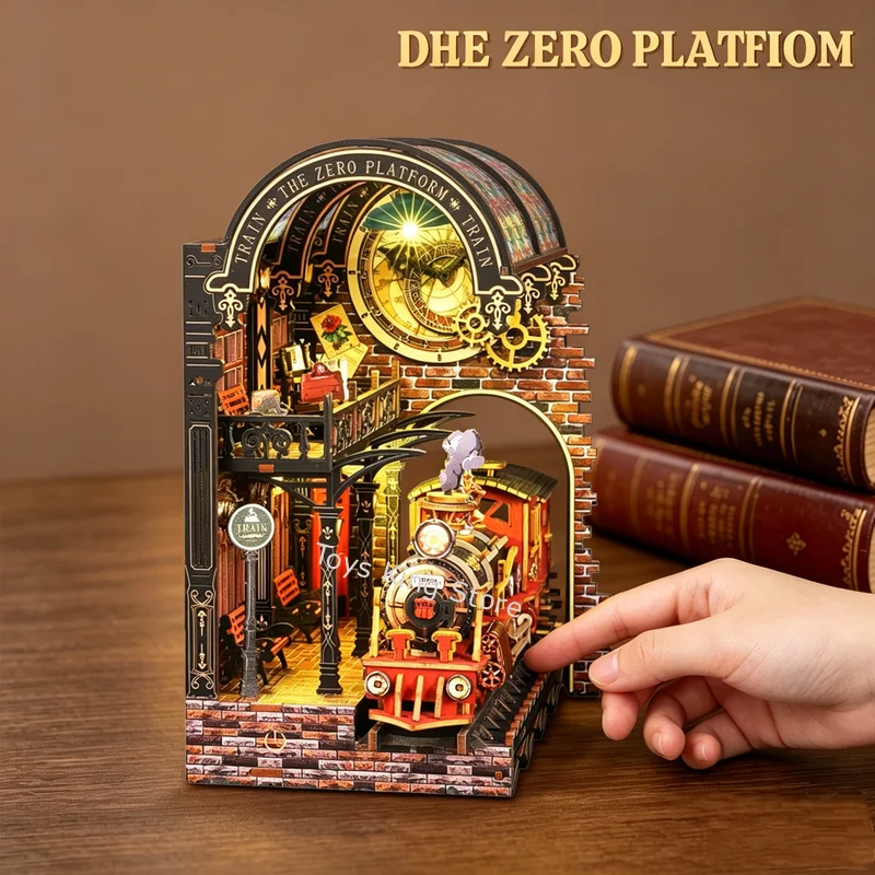 DIY 3D Wooden Book Stand Train With Lights Zero-point Platform Assembly Model House Handmade Book Puzzle Toys Ornament Gifts