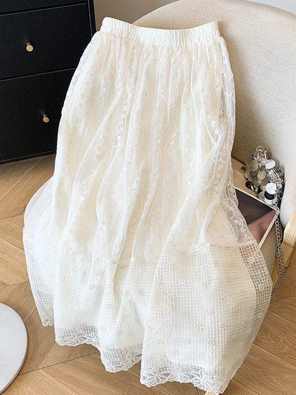 

Sweet Sle Lace Splicing High Waist Midi Skirt Women's 2026 Spring New Anti-Aging Versatile Slimming A-Line Skirt
