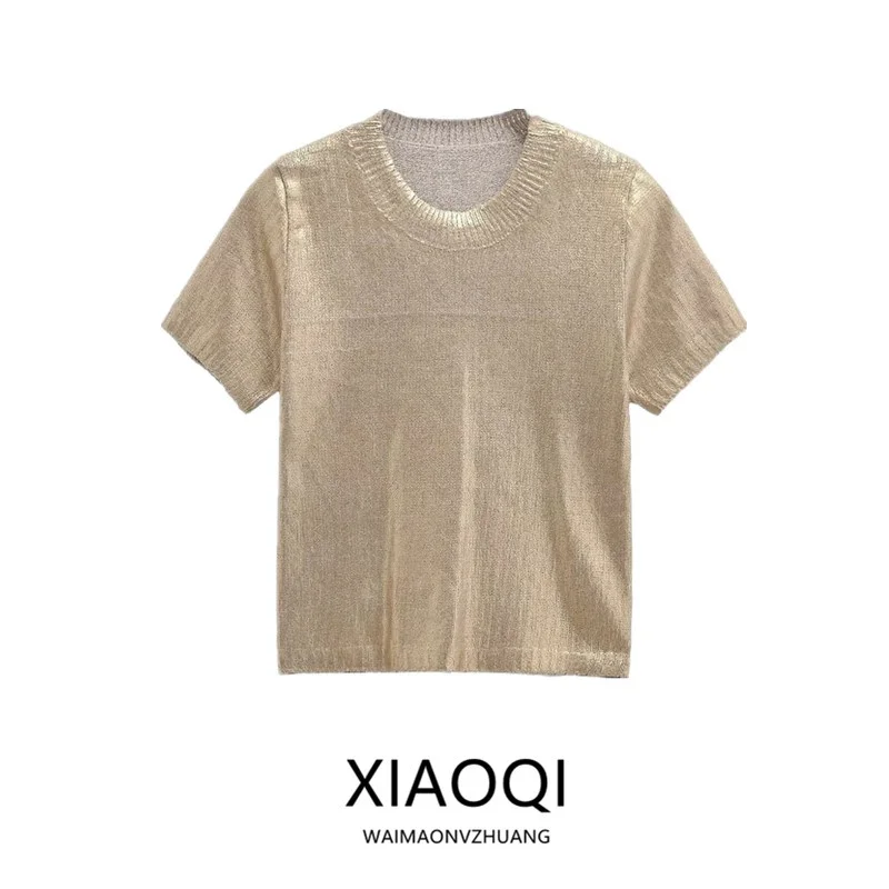 

Metal Foil ort Sve Casual Knitted Sweater New Autumn 2024 Women's Faion Versatile Commute Sle round Ne Pullover