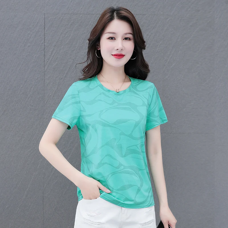New Women'S Summer Round Neck Quick Drying Ice Silk T-Shirt With Fashionable Printing And Versatile Loose Casual Short Top