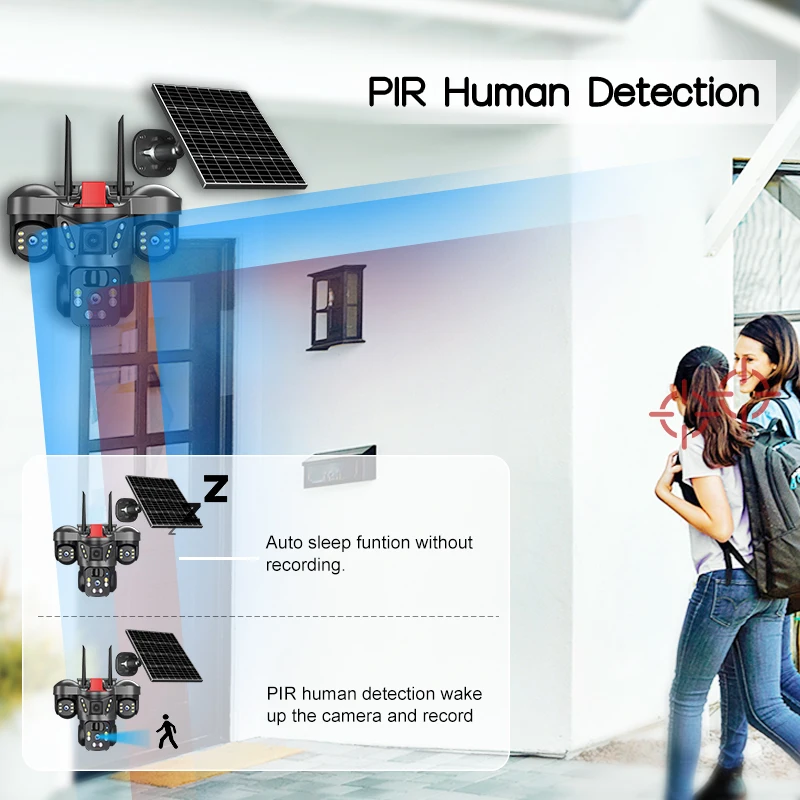 8K 15MP Wireless WiFi Solar Camera Three Lens Three Screen 4G Sim Card Solar Cam Human Detection Outdoor Solar Surveillance V380