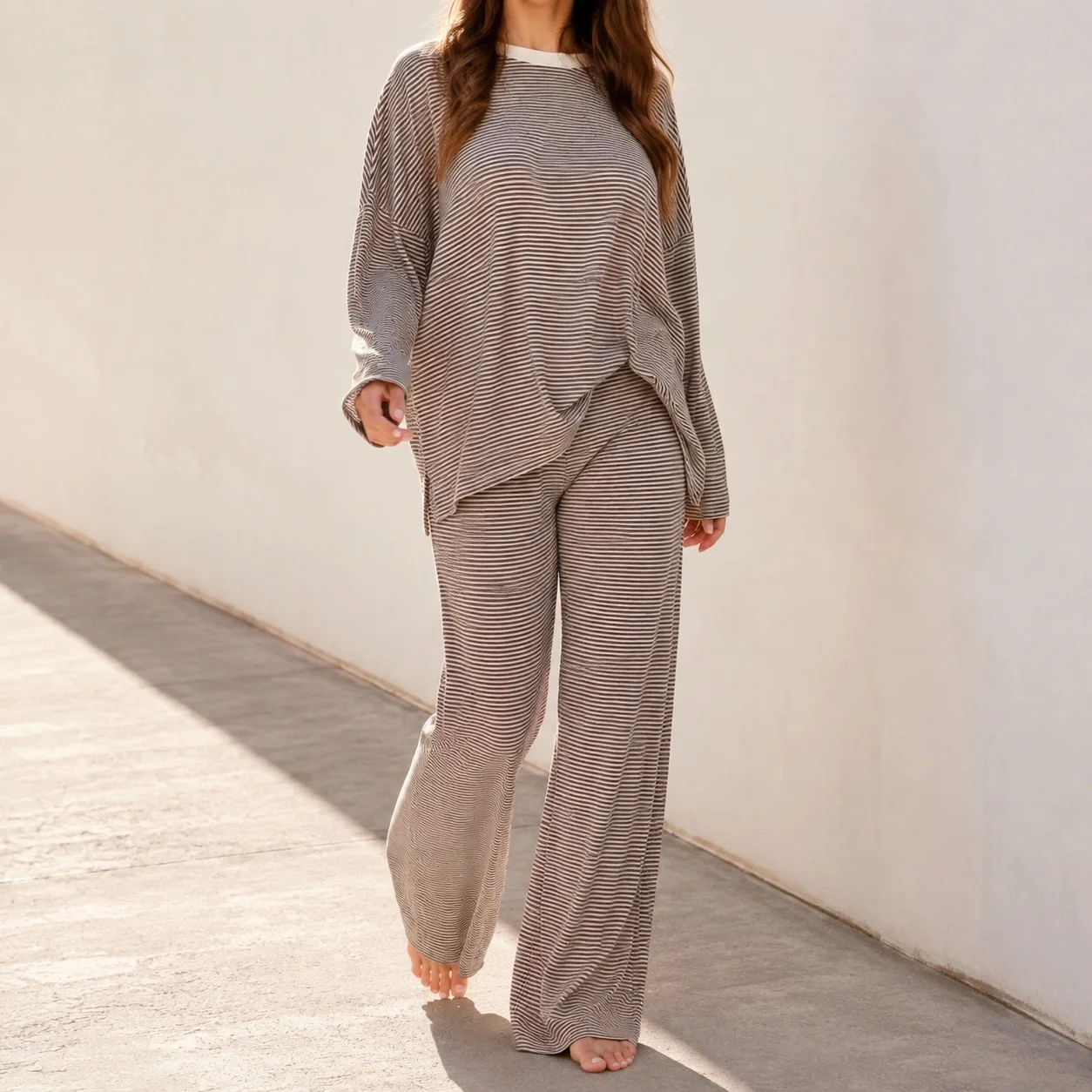 Striped Casual Set Japanese Korean Casual with Top Set Pajamas Printed Long Sleeve Plaid Pattern Top Autumn for Women