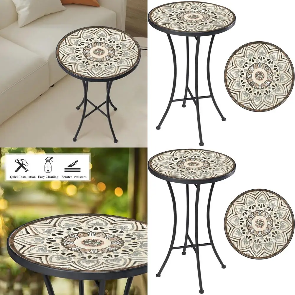 

Круглый складной приставной столик для патио, подставка для растений для сада, журнальный столик для гостиной, керамическая столешница с черным металлическим основанием