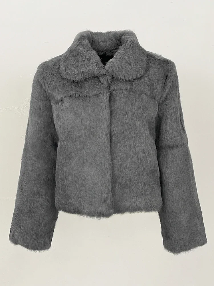 سترة نسائية جديدة لعام 2025 من فرو الأرنب الطبيعي بياقة مقلوبة معطف فرو حقيقي ملابس شتوية للسيدات ملابس بأكمام طويلة للسيدات #5