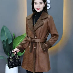 2024 Autumn/Winter New Korean Lamb Fleece Leather Jacket for Female Medium to Long, Fat Fur Integrated Windbreaker for Women