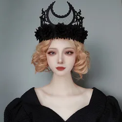 Black Headband Halloween Party Props Death Demon Witch Head Crown with Headdress Headband Party Photography Headdress with Roses