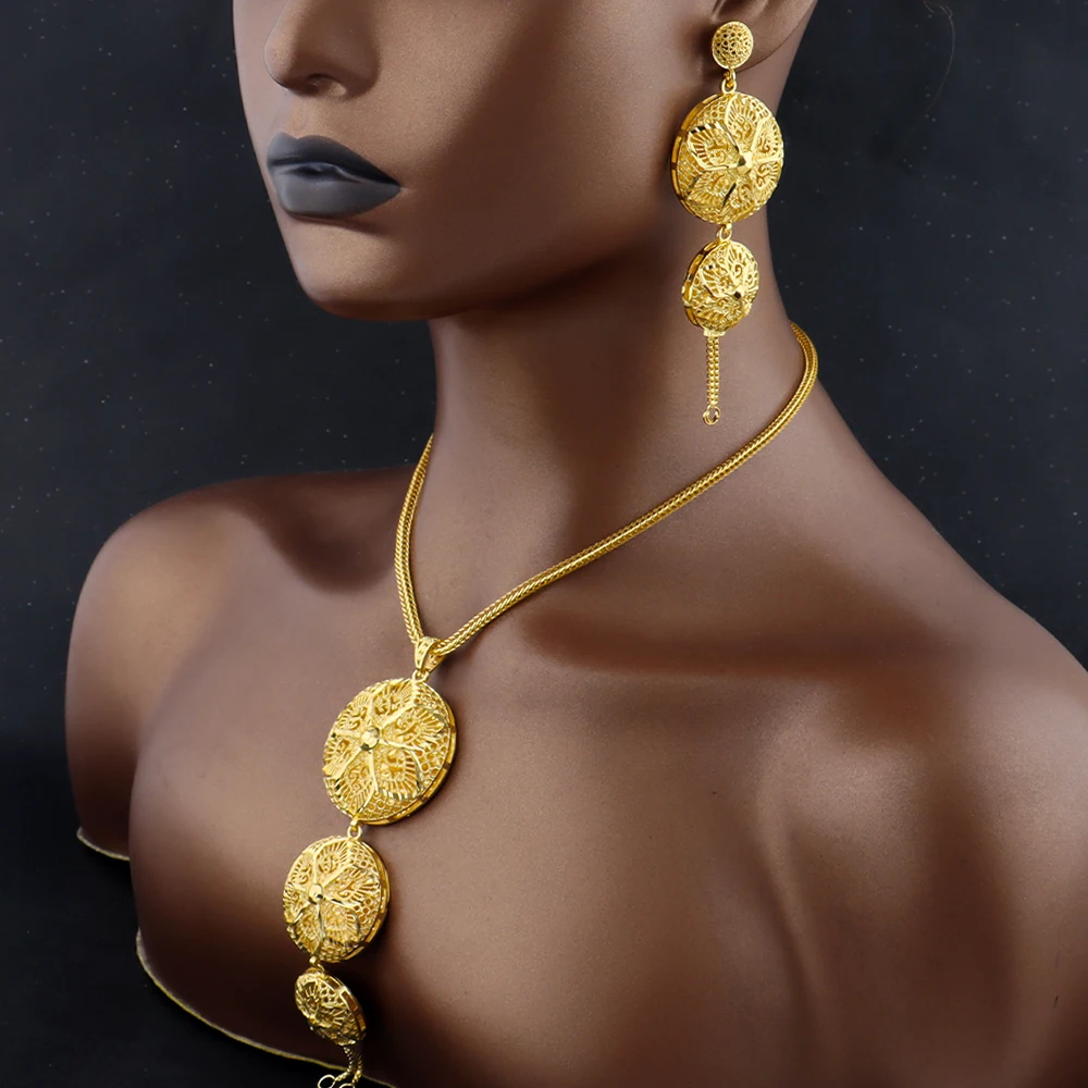 

Indian Stainless Steel Jewelry Sets for Women Dubai Gold Plated Necklace Earrings For Set Wedding Party Gift Bridal Accessory