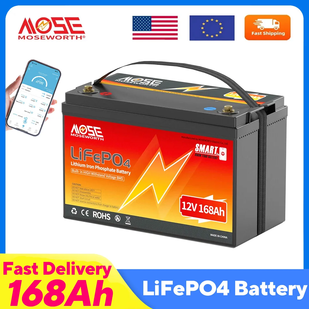 12V 168Ah Bluetooth LiFePO4 Battery Rechargeabel Deep Cycle Batteries 100A Smart BMS for RV Solar Boat Marine Trolling Motor