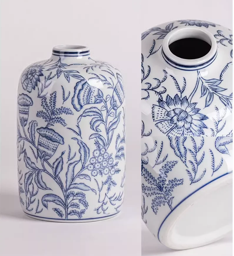 Vintage blue and white porcelain vase decoration, living room flower arrangement, light luxury, high-end feeling, ceramic, new C