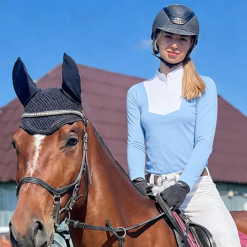 Imagen 2 del producto Camisetas con capa Base para montar a caballo con logotipo M, Top de manga larga ecuestre para mujer, blusa deportiva transpirable para espectáculo de competición con cremallera