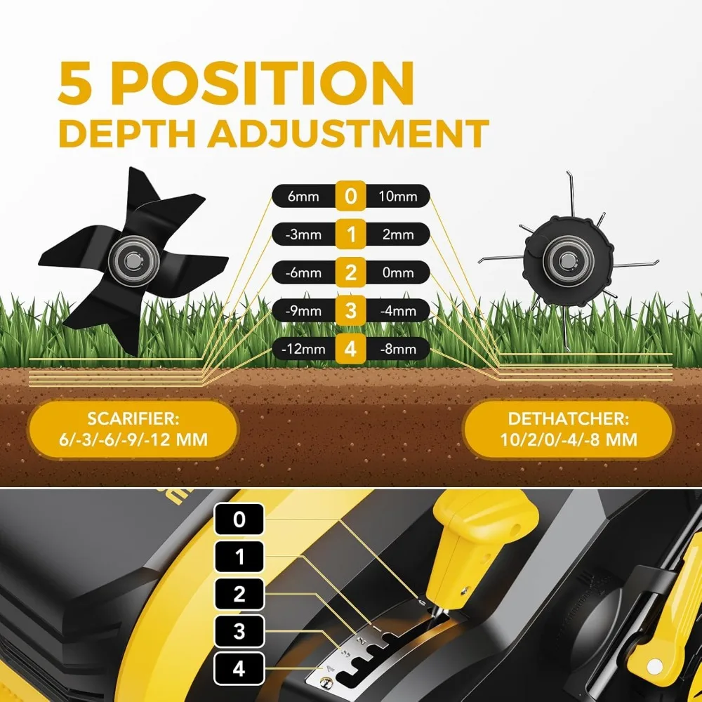 Distruggidocumenti e scarificatore elettrici da 16 pollici con potenza di 15 Amp, controllo della profondità a 5 posizioni, sacchetto da 14,5 galloni per migliorare la cura del prato