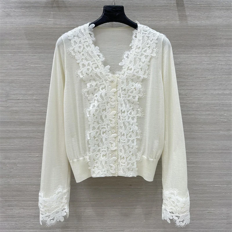 

Cardigan for women New lace patchwork V-neck long sleeved top for autumn 2025 wool blend Women's sweater y2k Knitwear thin coat