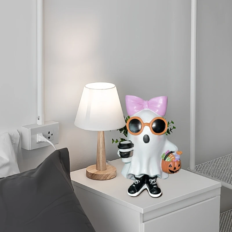 White Ghoul Girl Statue with Pink loop Pumpkin and Hot Drink Resin Halloween Decoration, Spooky Tabletop Decor for J0MC