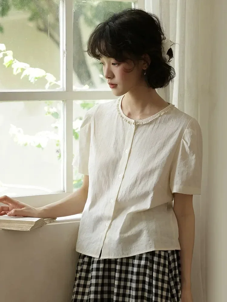Women's White Frill Trim Round Neck Short Sleeve Blouse