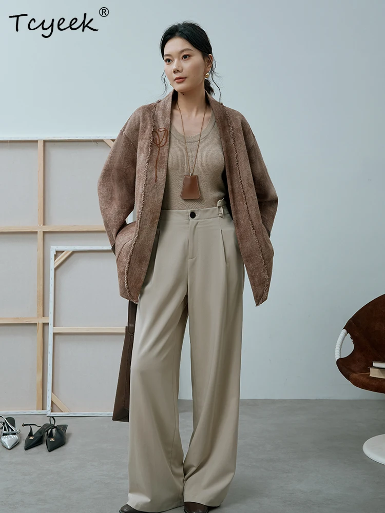 Tcyeek peau de mouton printemps automne haut de gamme rétro Double face col en v couleur café femmes veste en cuir véritable Jaqueta Couro