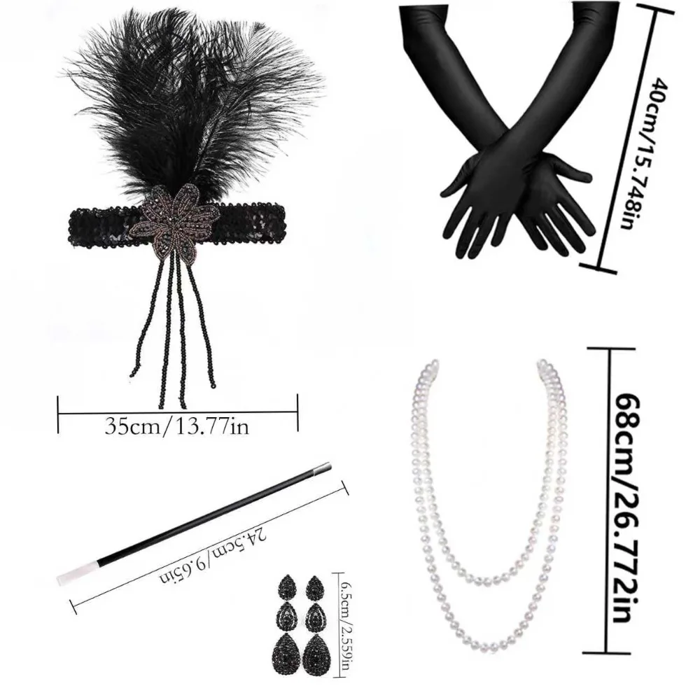 PESENAR Retro zestaw imprezowy w stylu retro (akcesoria do włosów z piór, długie rękawiczki, łańcuszki z pereł, itp.)