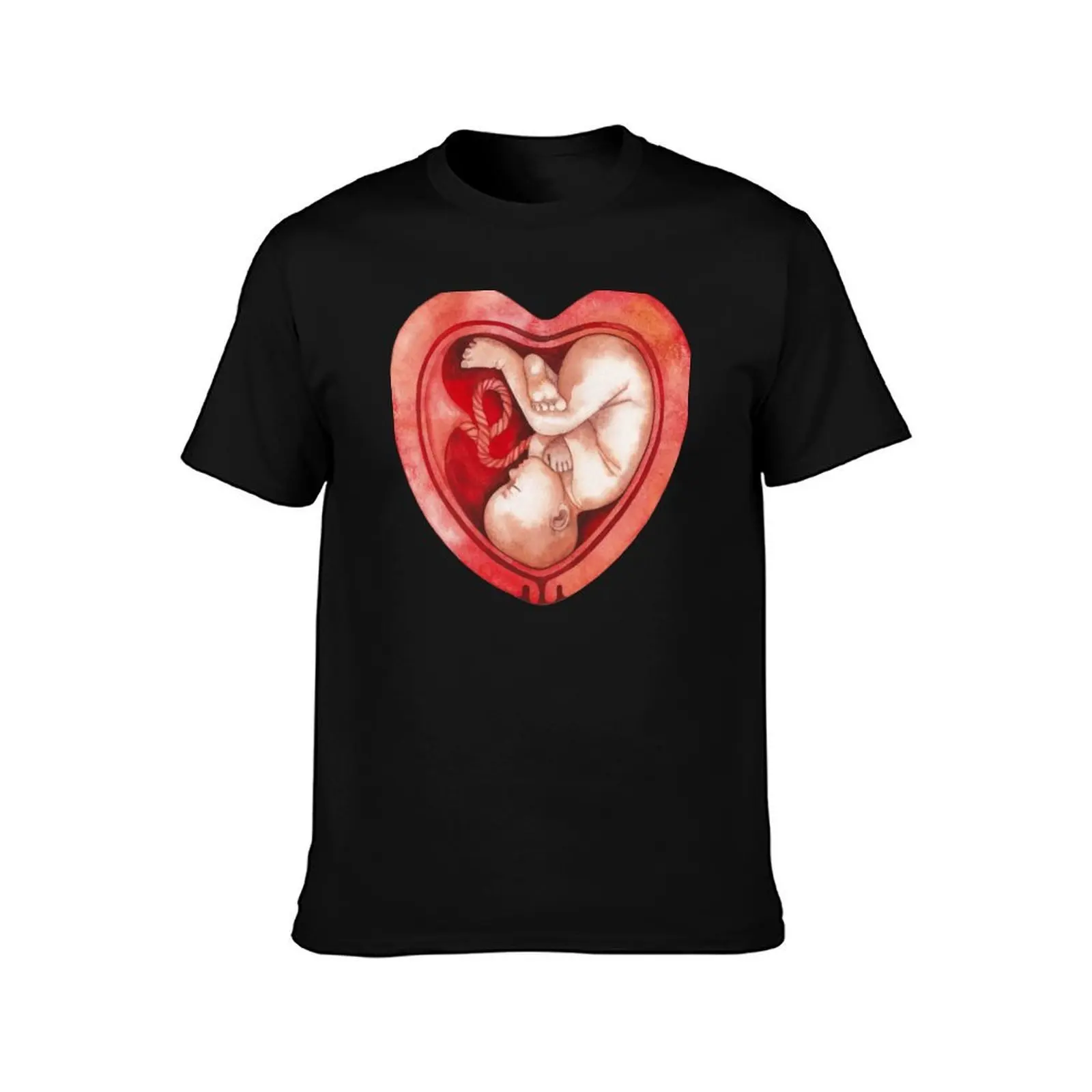 Watercolor fetus inside the heart shaped womb T-Shirt Casual Simple Design Short Sleeve Shirt T-Shirt