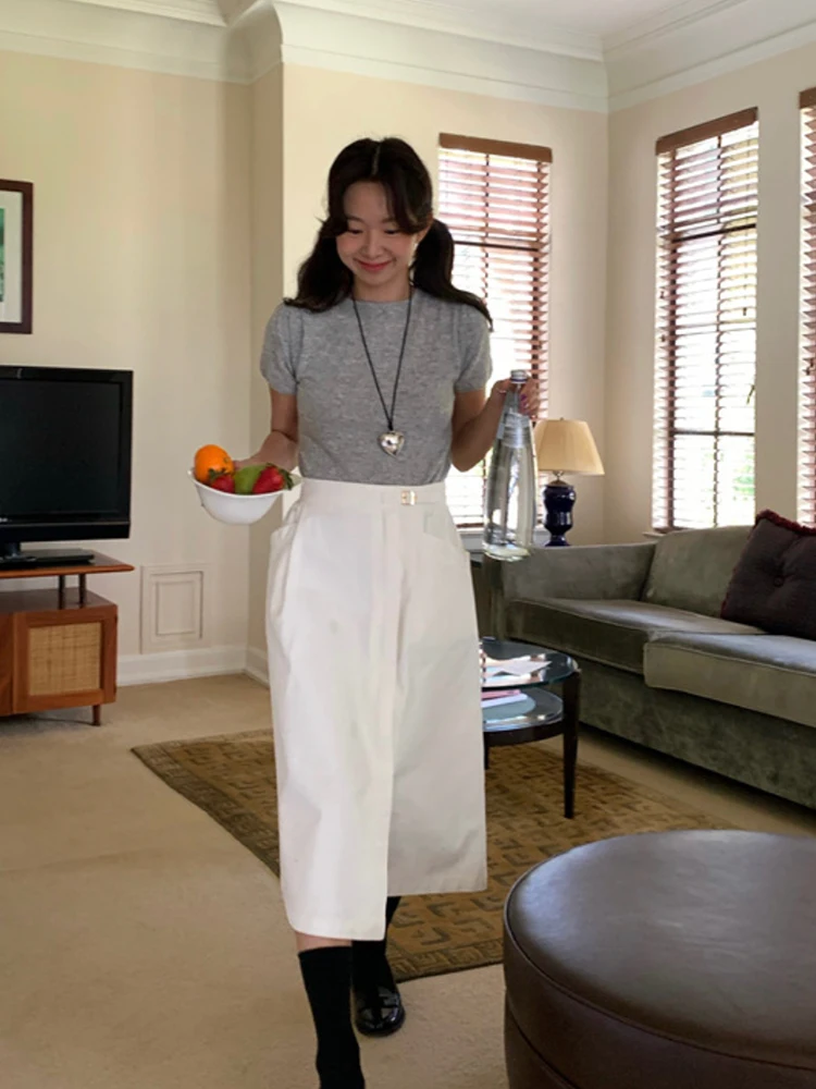 

Юбка-миди трапециевидной формы с высокой талией из пастельно-белого цвета, утягивающий чесаный хлопок, корейская офисная одежда с асимметричным подолом