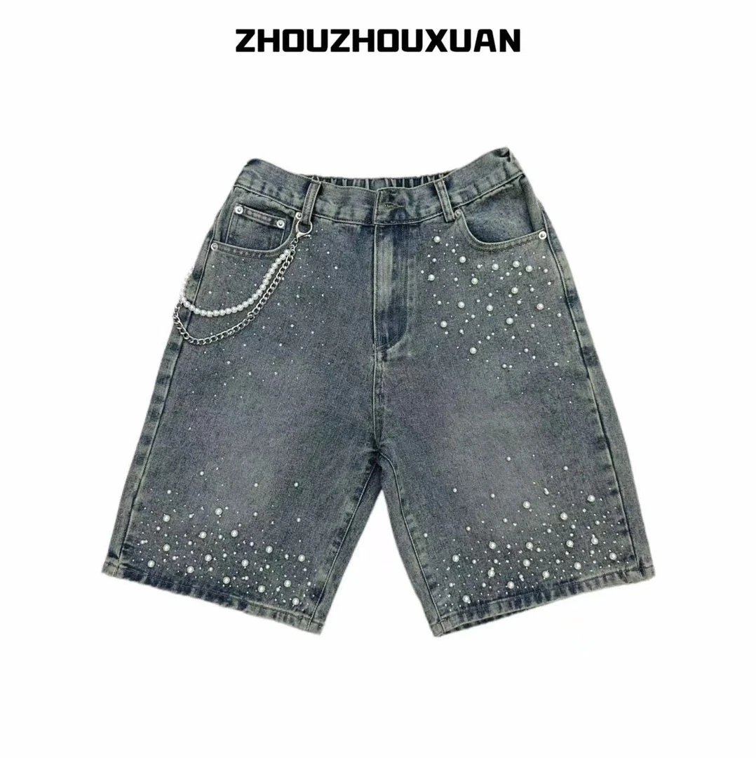Korean Fashion Heavy Industry Hot Drilled Pearl Denim Shorts Vintage Washed Distressed Unisex Trendy Slim Fit Five-Point Shorts