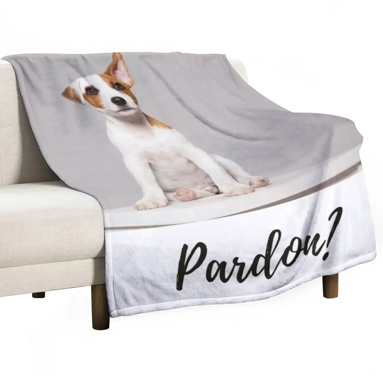 Pardon? Jack Russell Terrier puppy. Sitting. One ear folded over, the other pointed upwards Throw Blanket