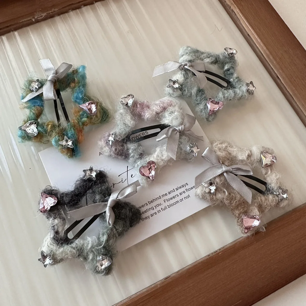 Fluffy Yarn Bow Hair Clip with Rhinestone Stars Blended Color for Bangs Winter Side Snap Non Slip Strong Hold Soft