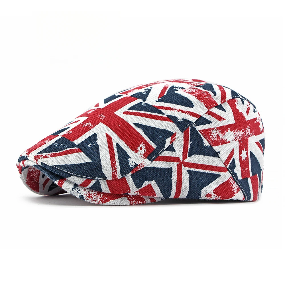 Newsboy Cap Ivy - ヴィンテージ英国国旗プリントフラットキャップ ユニセックス ブリティッシュスタイル ポリエステルベレー ニュースボーイ ダックビル