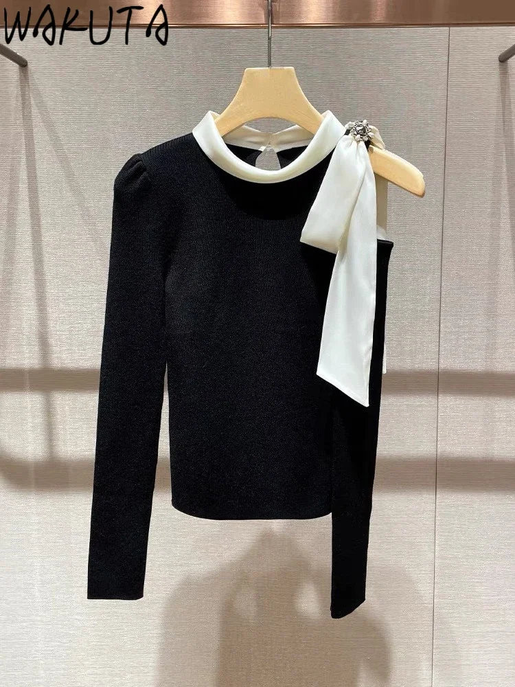 Wakuta Moda Stand Collar Long Sleeve Sweet Jumper Off Shoulder Patchwork Diamond Buckle Bow Sweaters Japan Knit Slim Fit Tops